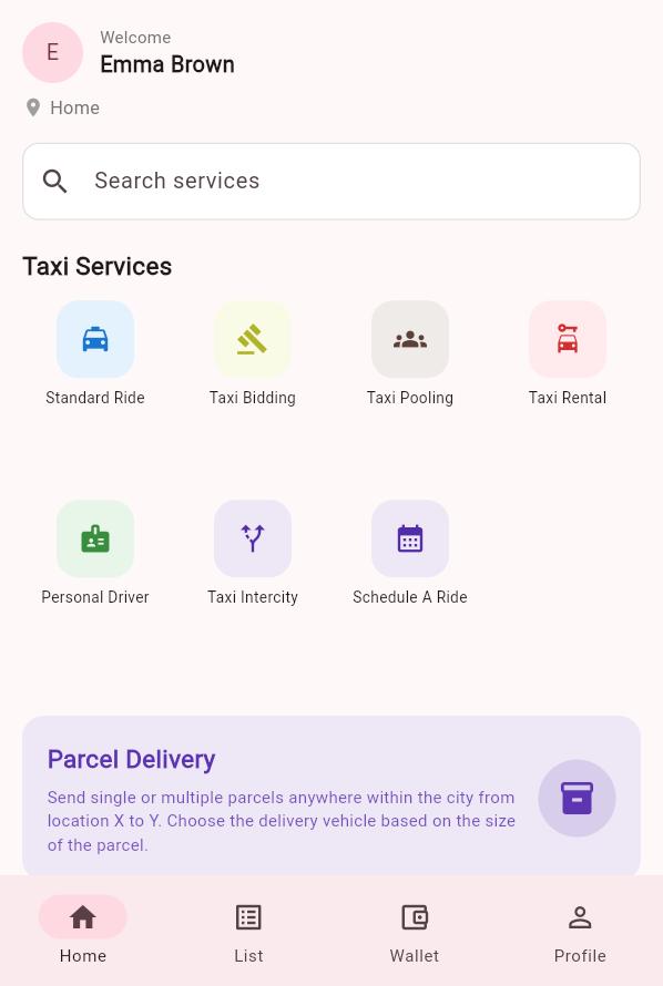 The Taara customer app's home screen